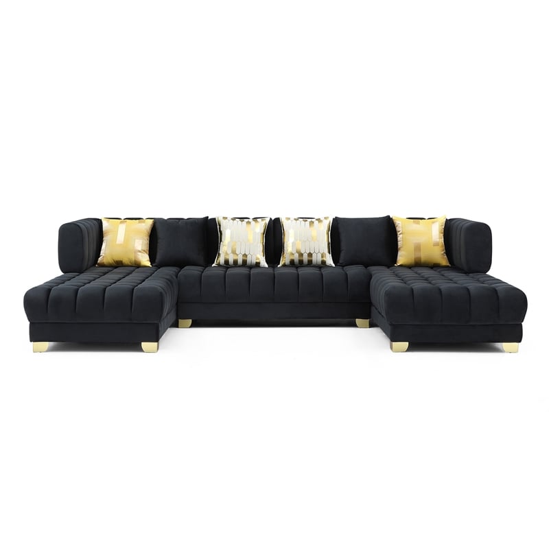 Better Home Products Marigold U-Shaped Velvet Sectional Sofa in Black