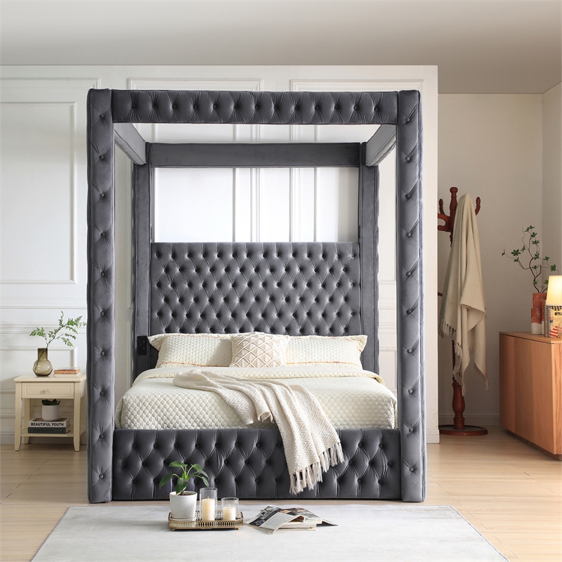 Better Home Products Dream 70.5 x 89 Velvet Upholstered Queen Canopy Bed in Gray