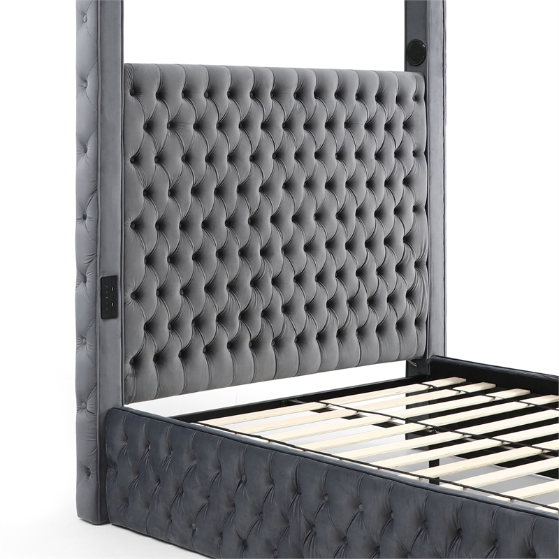 Better Home Products Dream 70.5 x 89 Velvet Upholstered Queen Canopy Bed in Gray