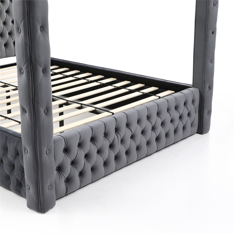 Better Home Products Dream 70.5 x 89 Velvet Upholstered Queen Canopy Bed in Gray