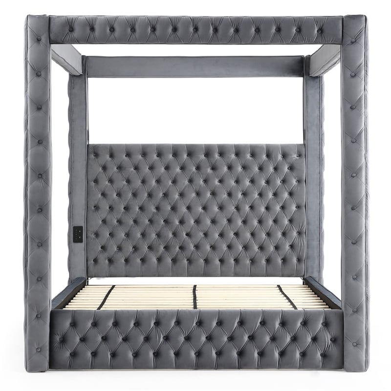 Better Home Products Dream 86.5 x 89 Velvet Upholstered King Canopy Bed in Gray