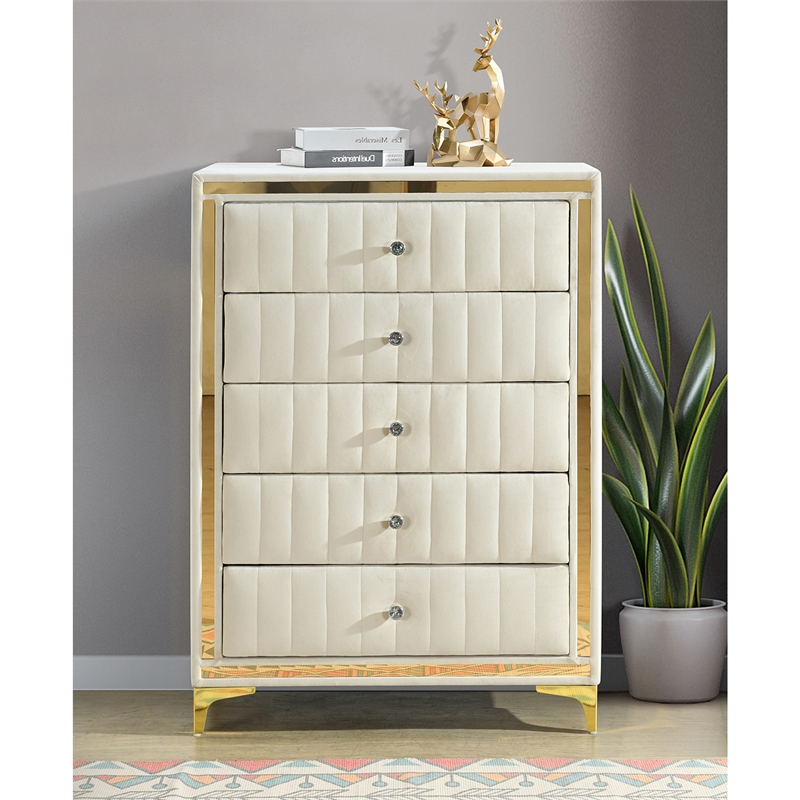 Better Home Products Monique Velvet Upholstered 5-Drawer Chest in Cream