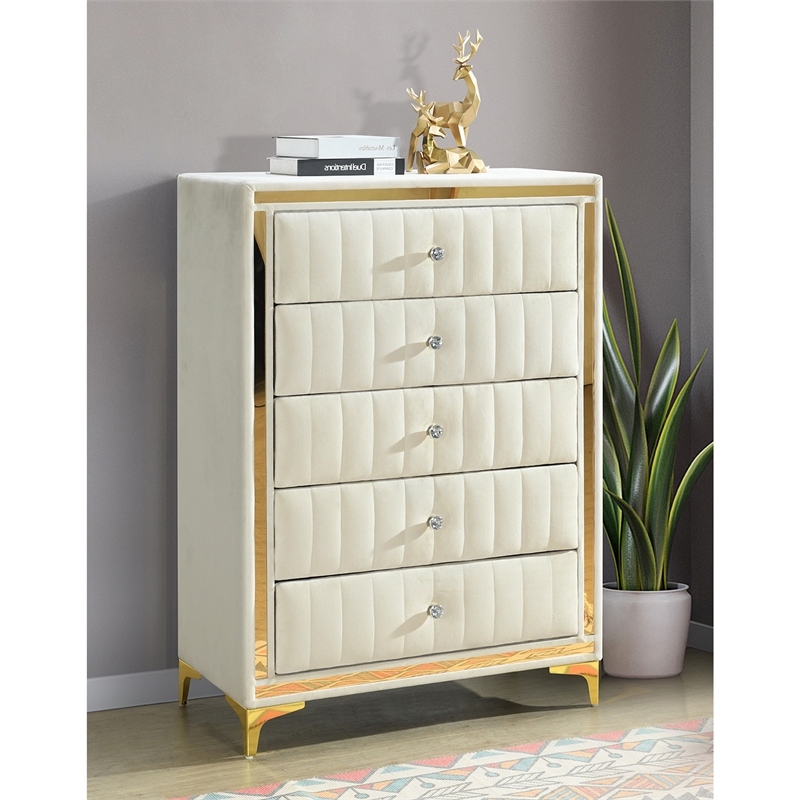 Better Home Products Monique Velvet Upholstered 5-Drawer Chest in Cream