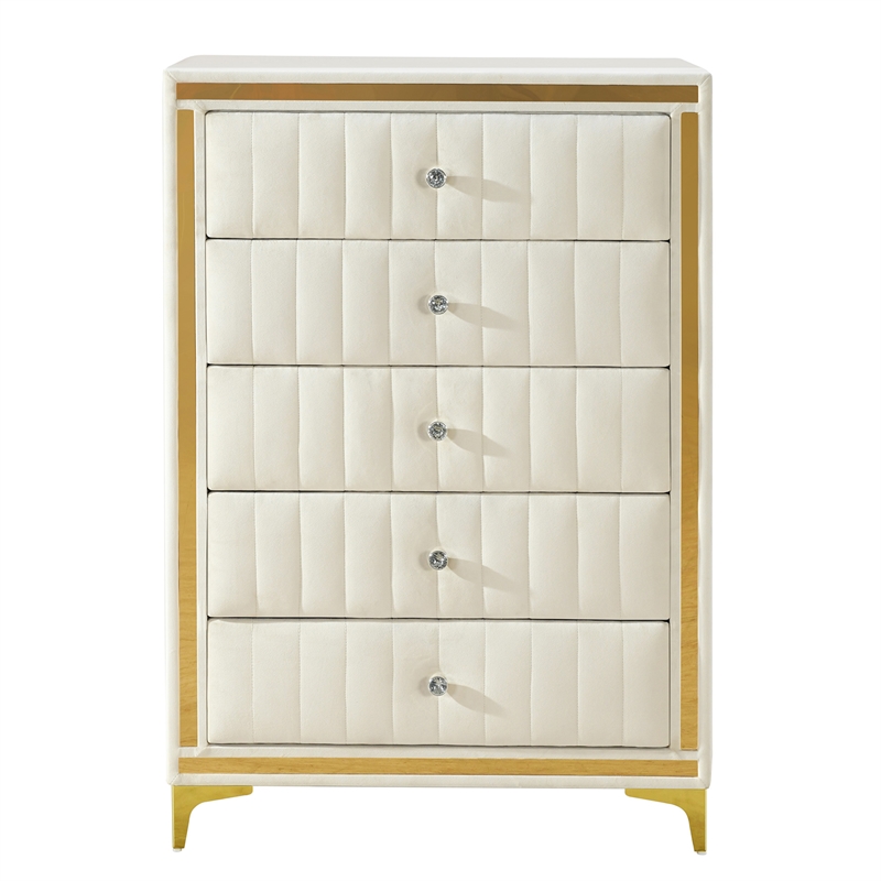 Better Home Products Monique Velvet Upholstered 5-Drawer Chest in Cream