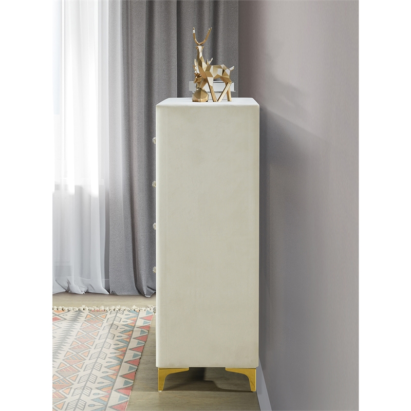 Better Home Products Monique Velvet Upholstered 5-Drawer Chest in Cream