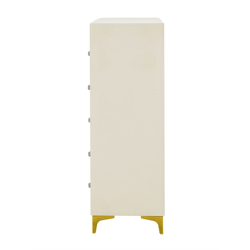 Better Home Products Monique Velvet Upholstered 5-Drawer Chest in Cream
