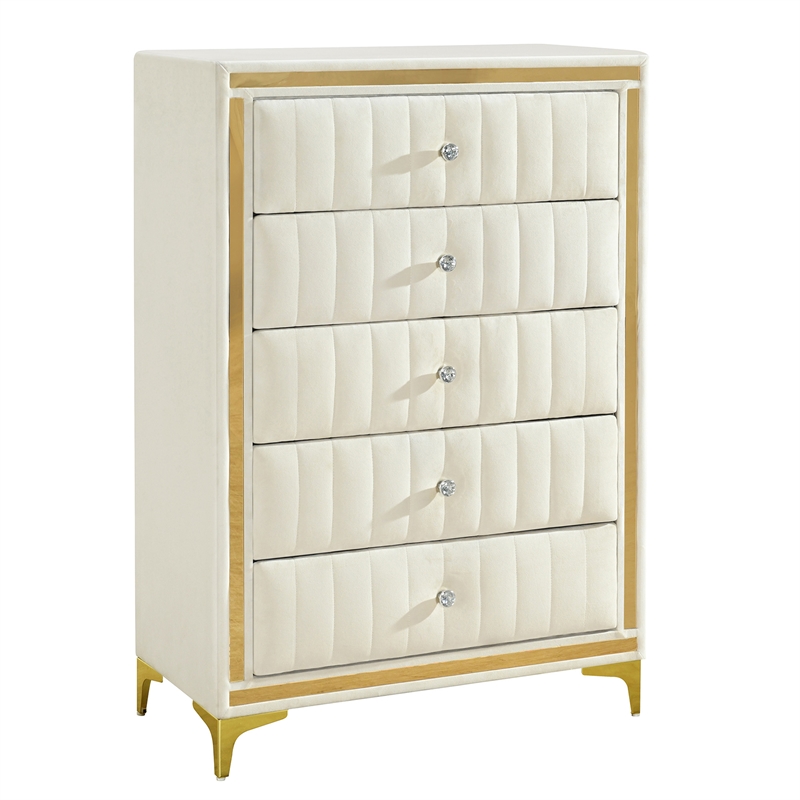 Better Home Products Monique Velvet Upholstered 5-Drawer Chest in Cream