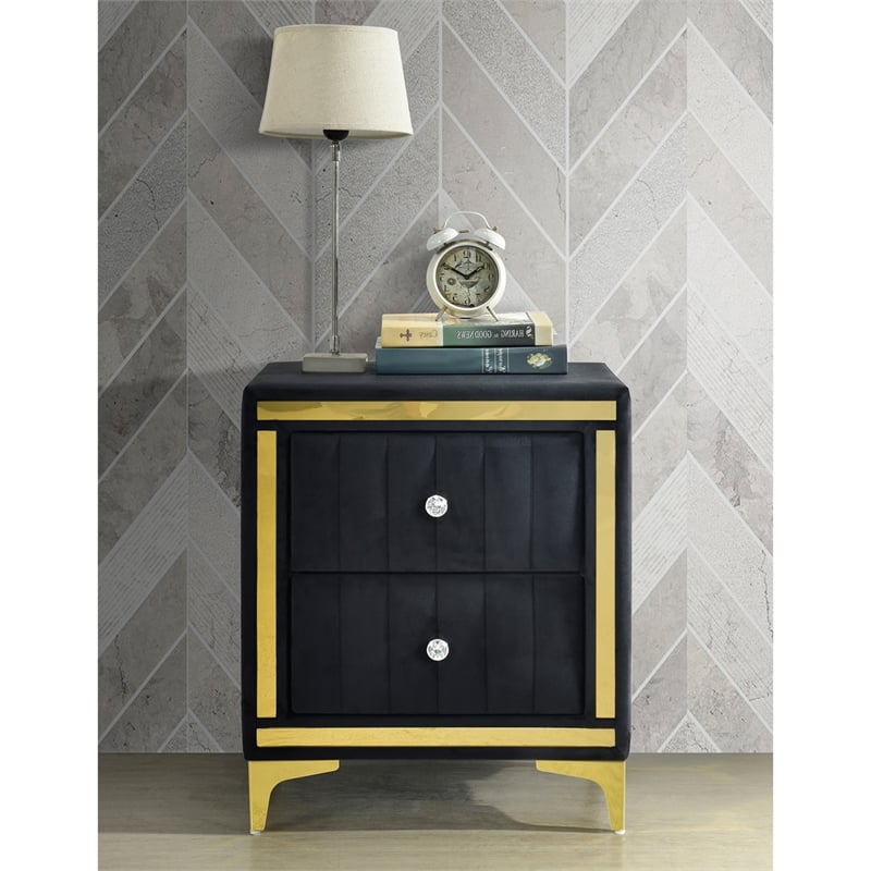 Better Home Products Monique Velvet Nightstand with Gold Legs in Black