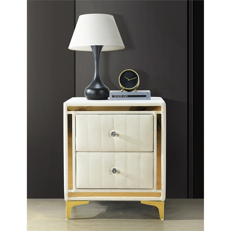 Better Home Products Monique Velvet Nightstand with Gold Legs in Cream
