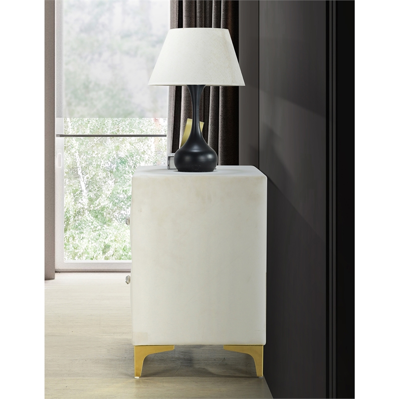 Better Home Products Monique Velvet Nightstand with Gold Legs in Cream