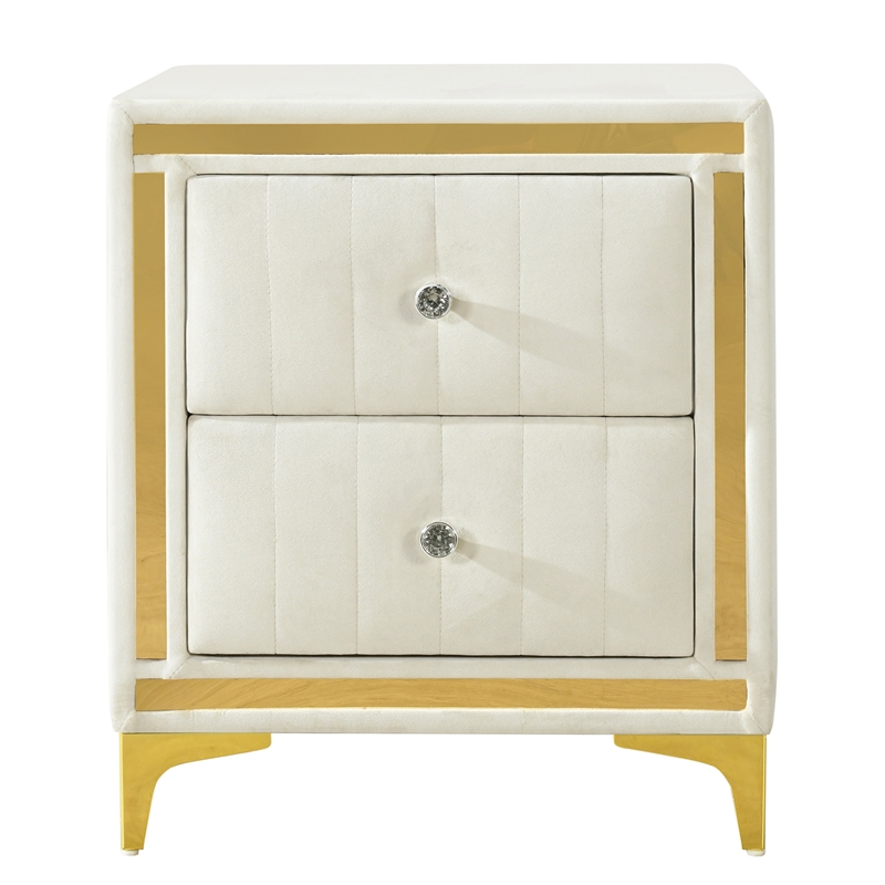 Better Home Products Monique Velvet Nightstand with Gold Legs in Cream