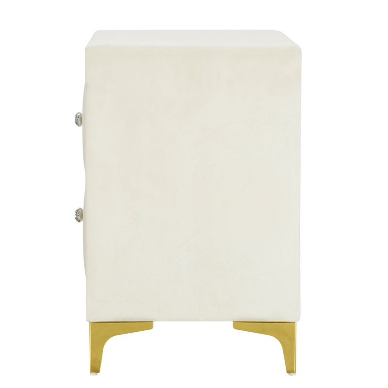 Better Home Products Monique Velvet Nightstand with Gold Legs in Cream
