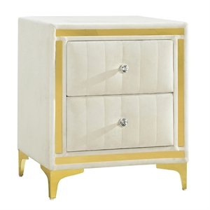 Better Home Products Monique Velvet Nightstand with Gold Legs in Cream