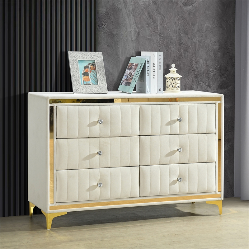 Better Home Products Velvet 6 Drawer Dresser with Gold Legs in Cream Better Home Products Velvet 6 Drawer Dresser with Gold Legs in Cream