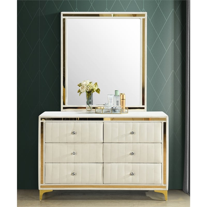 Better Home Products Velvet 6 Drawer Dresser with Mirror and Gold Legs in Cream