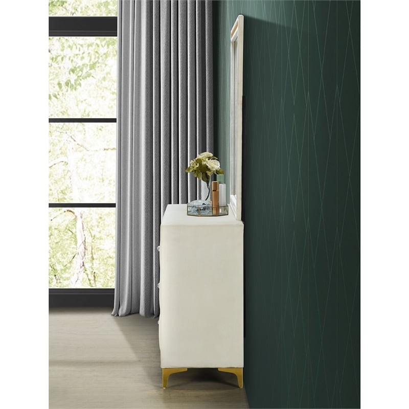 Better Home Products Velvet 6 Drawer Dresser with Mirror and Gold Legs in Cream