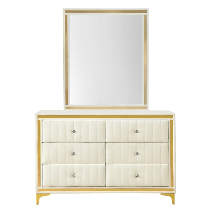 Better Home Products Velvet 6 Drawer Dresser with Mirror and Gold Legs in Cream