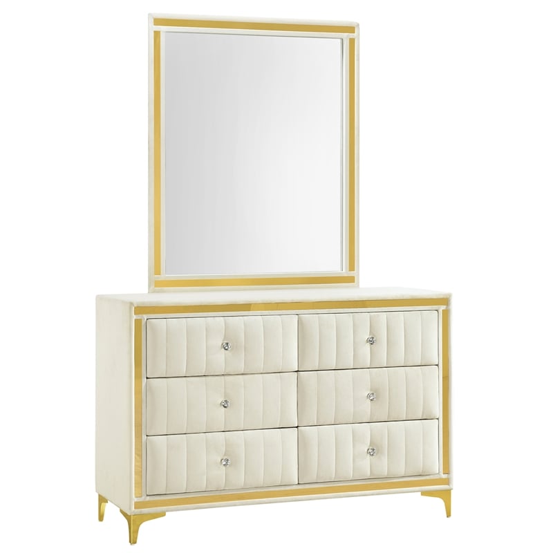 Better Home Products Velvet 6 Drawer Dresser with Mirror and Gold Legs in Cream