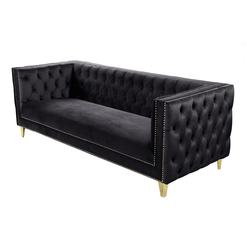 Better Home Products Luxe Upholstered Velvet Sofa with Gold Legs in Black