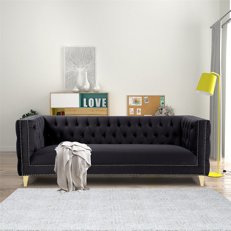 Better Home Products Luxe Upholstered Velvet Sofa with Gold Legs in Black