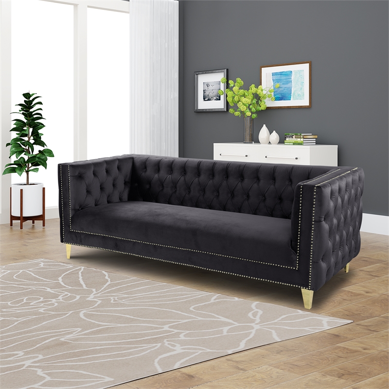 Better Home Products Luxe Upholstered Velvet Sofa with Gold Legs in Black