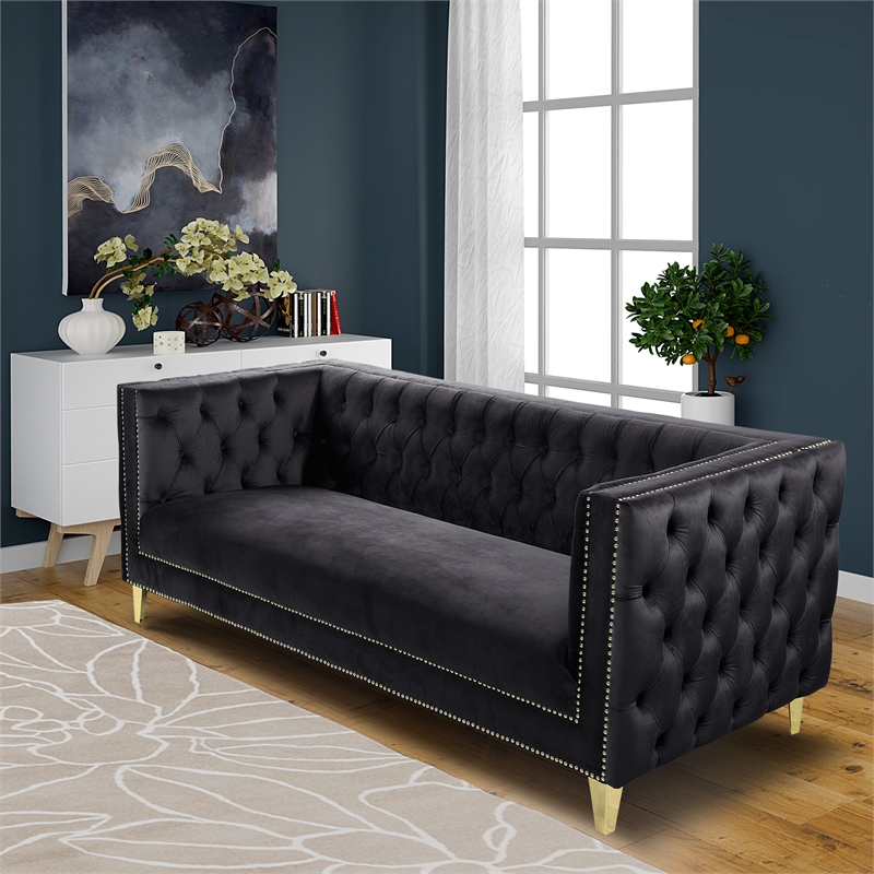 Better Home Products Luxe Upholstered Velvet Sofa with Gold Legs in Black