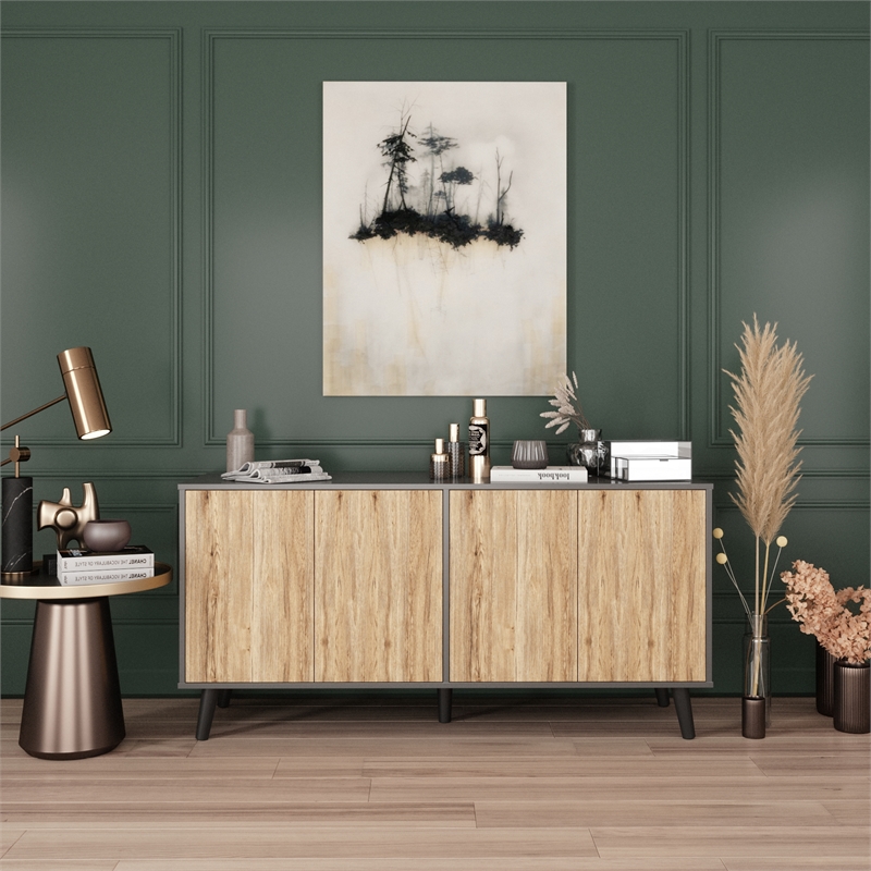 Better Home Products Sideboard Buffet Cabinet with Storage in Dark Gray&Natural