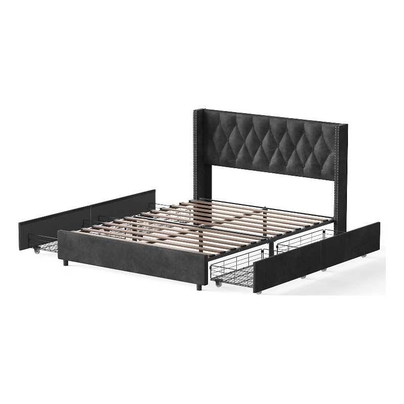 Better Home Products Amelia 4-Drawer Velvet Full Size Platform Bed in Black
