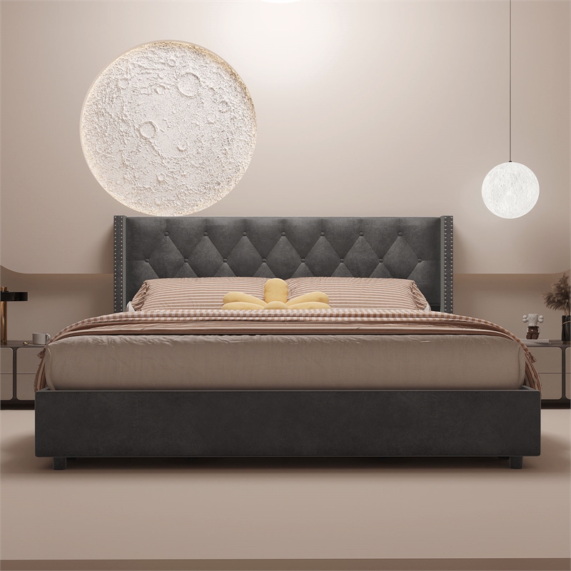 Better Home Products Amelia 4-Drawer Velvet Full Size Platform Bed in Gray