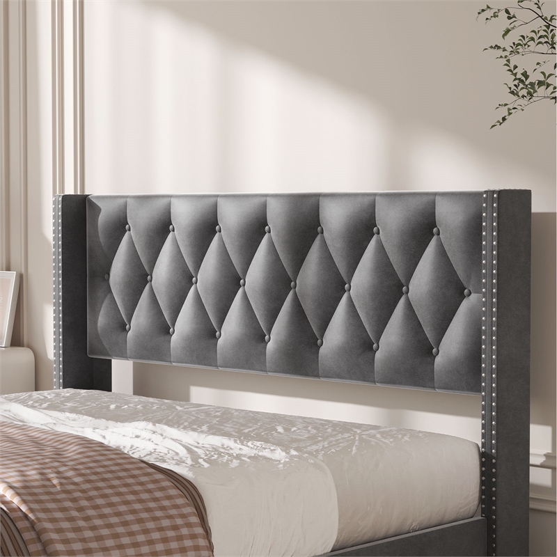 Better Home Products Amelia 4-Drawer Velvet Full Size Platform Bed in Gray