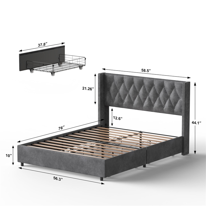 Better Home Products Amelia 4-Drawer Velvet Full Size Platform Bed in Gray
