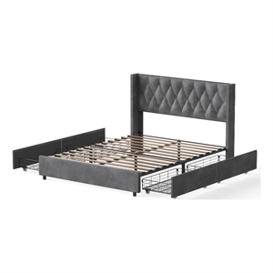 Better Home Products Amelia 4-Drawer Velvet Queen Size Platform Bed in Gray