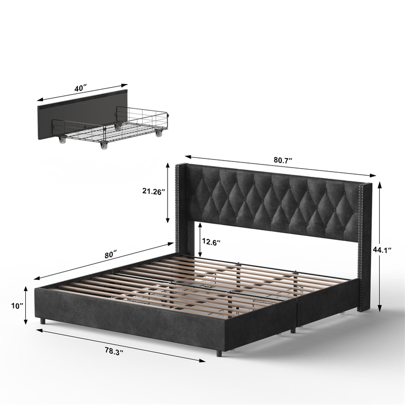 Better Home Products Amelia 4-Drawer Velvet King Size Platform Bed in Black