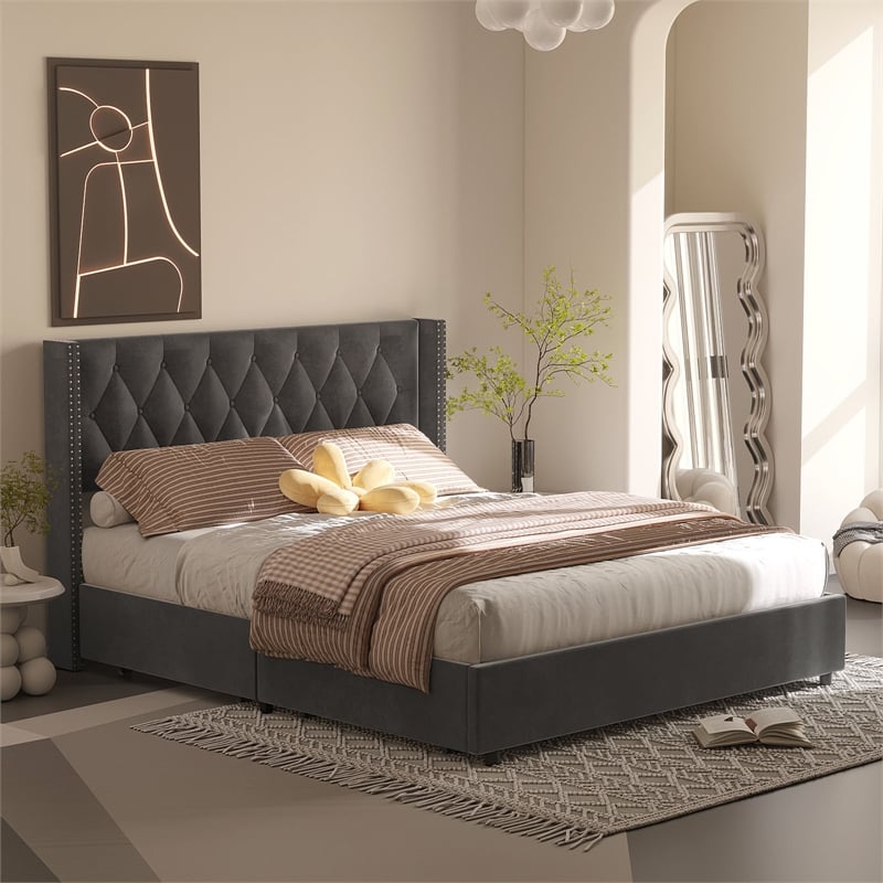 Better Home Products Amelia 4-Drawer Velvet King Size Platform Bed in Gray
