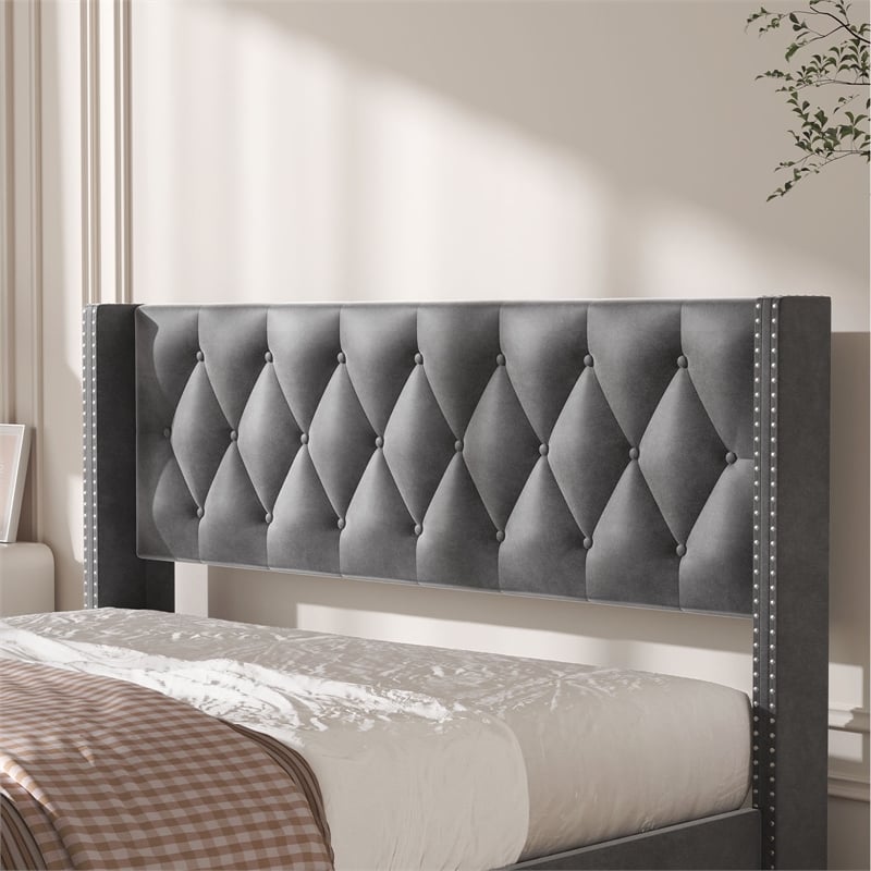 Better Home Products Amelia 4-Drawer Velvet King Size Platform Bed in Gray