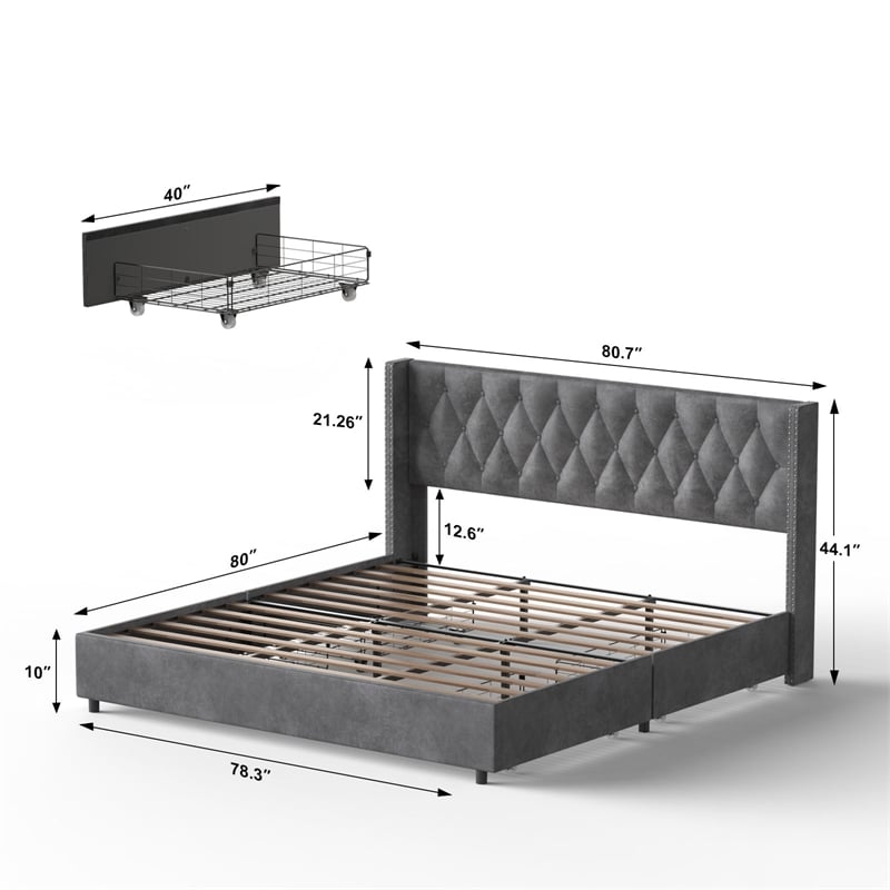Better Home Products Amelia 4-Drawer Velvet King Size Platform Bed in Gray