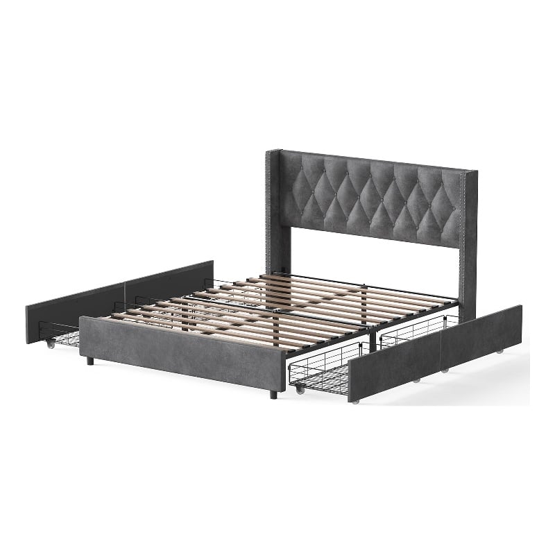 Better Home Products Amelia 4-Drawer Velvet King Size Platform Bed in Gray