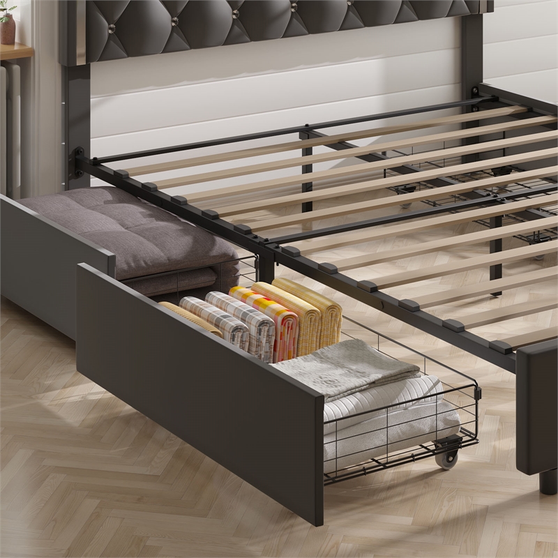 Better Home Products Monica 4-Drawer Velvet Queen Size Platform Bed in Gray