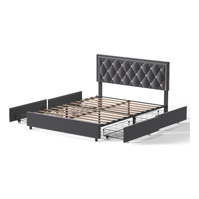 Better Home Products Monica 4-Drawer Velvet Queen Size Platform Bed in Gray