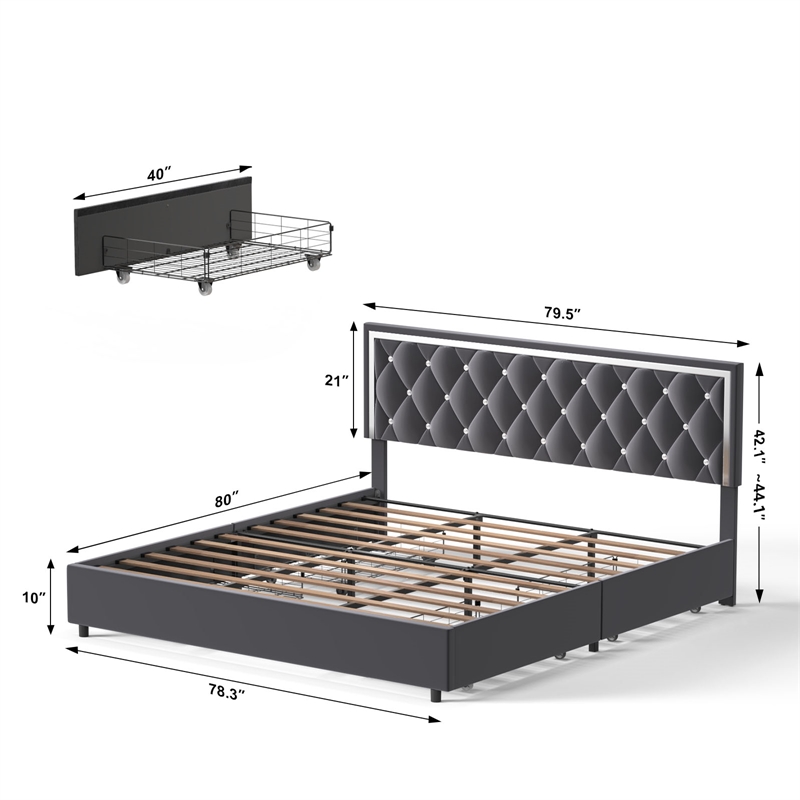 Better Home Products Monica 4-Drawer Velvet King Size Platform Bed in Gray