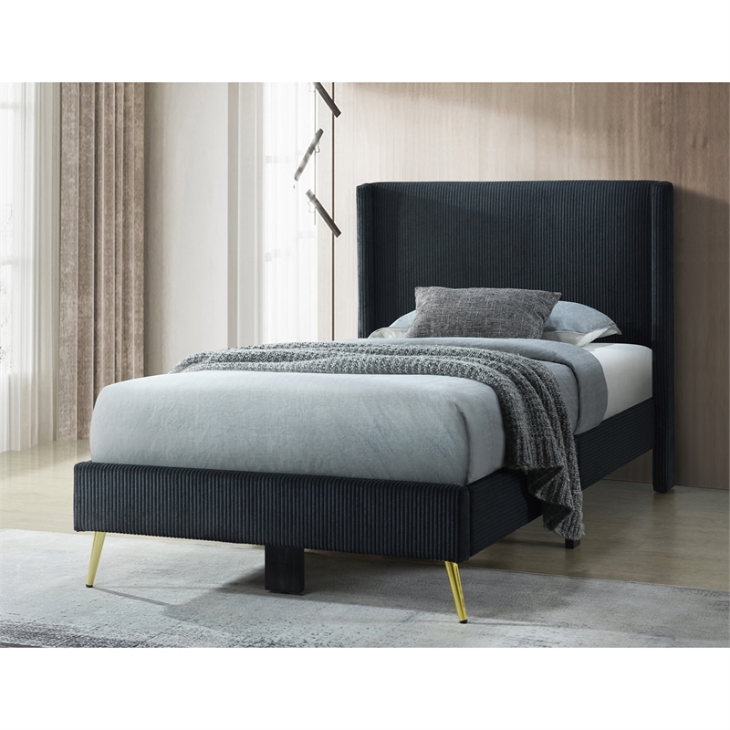 Better Home Products Vita Solid Wood & Velvet Twin Size Platform Bed in Black