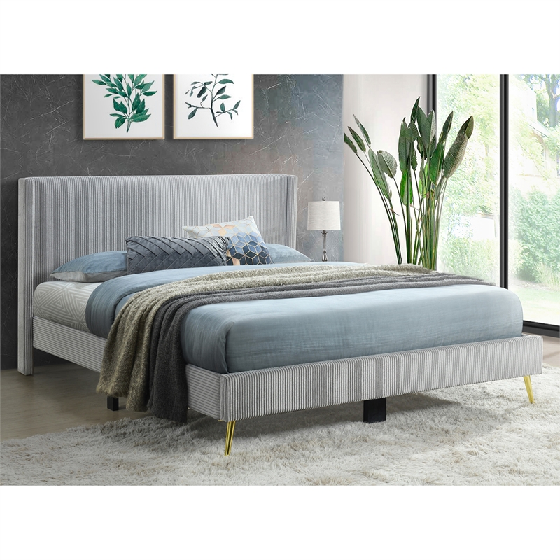 Better Home Products Vita Solid Wood & Velvet Full Size Platform Bed in Gray