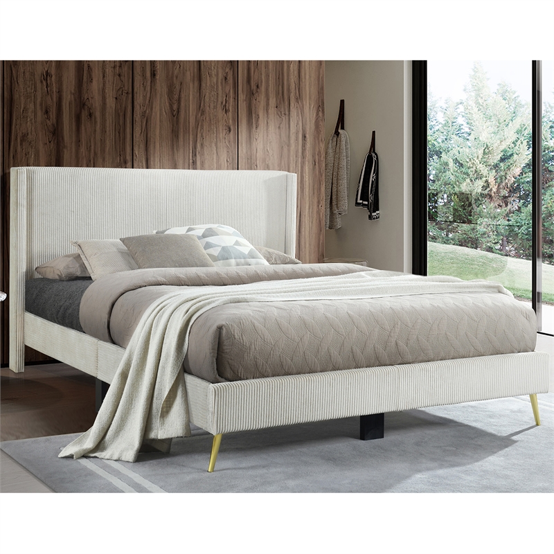 Better Home Products Vita Solid Wood & Velvet Platform Queen Bed in Cream