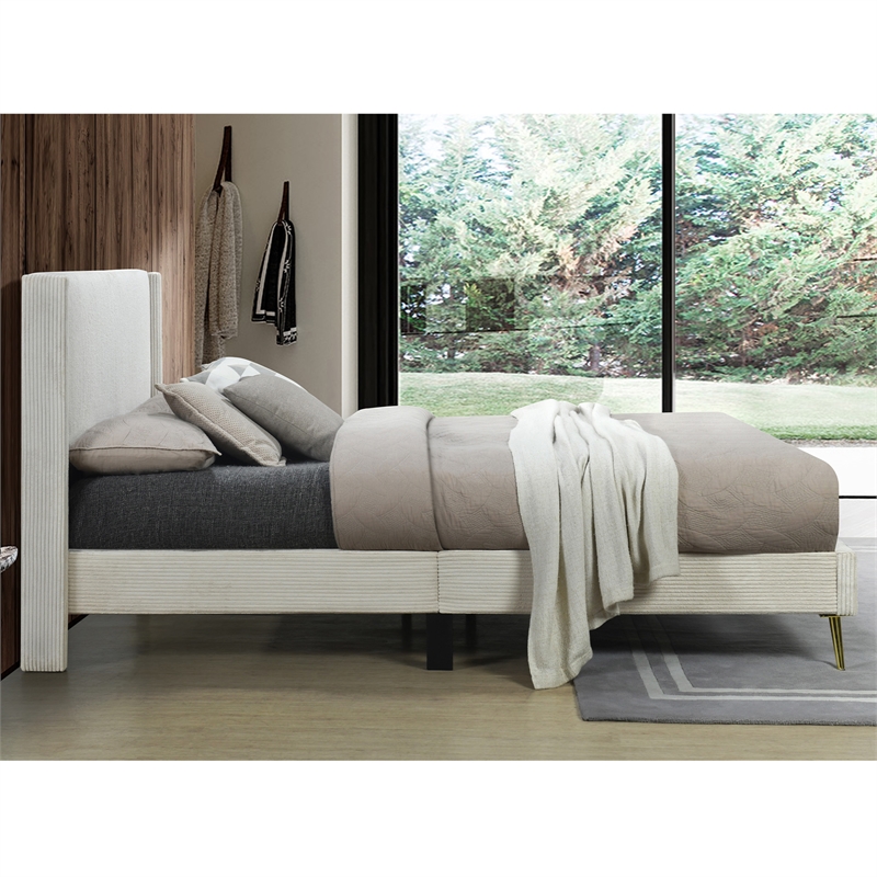 Better Home Products Vita Solid Wood & Velvet Platform Queen Bed in Cream