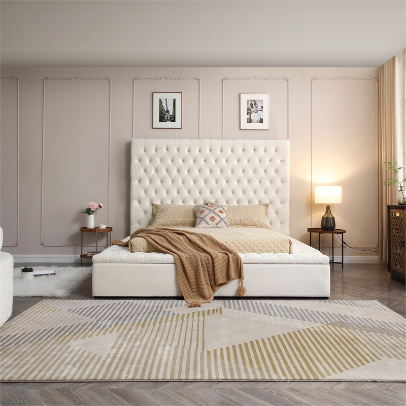 Better Home Products Cosmopolitan Velvet Upholstered Platform Queen Bed in Cream