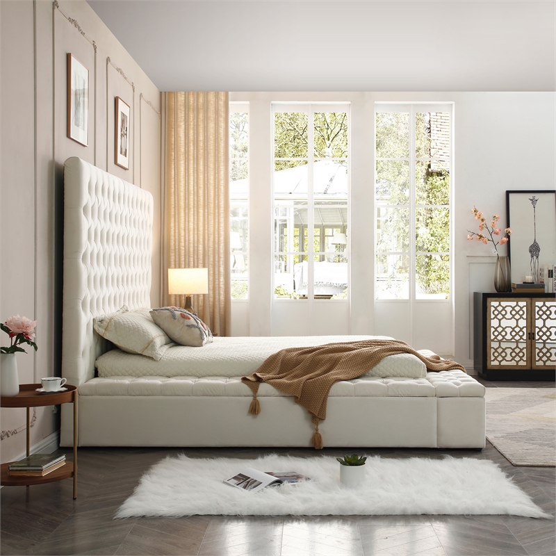 Better Home Products Cosmopolitan Velvet Upholstered Platform Queen Bed in Cream