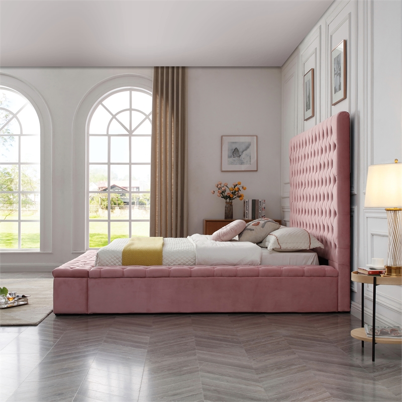 Better Home Products Cosmopolitan Velvet Upholstered Platform Queen Bed in Pink