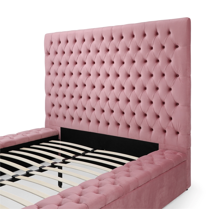 Better Home Products Cosmopolitan Velvet Upholstered Platform Queen Bed in Pink