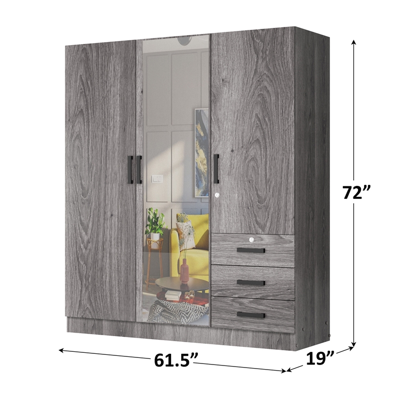 Better Home Product Violet Engineered Wood Wardrobe Armoire with Mirror in Gray