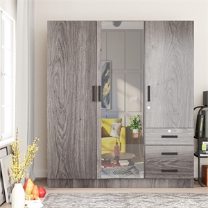 Better Home Product Violet Engineered Wood Wardrobe Armoire with Mirror in Gray